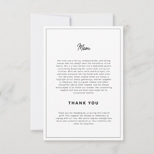 Modern minimalistisch zwart en wit eenvoudig begra bedankkaart (Achterkant)