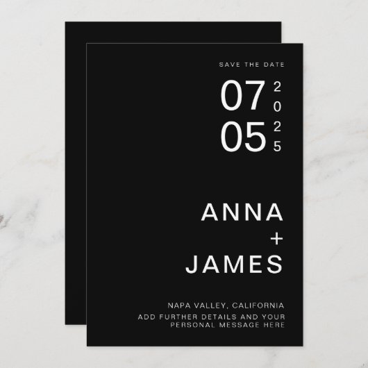 Modern minimalistisch zwart en wit modern huwelijk save the date (Voorkant / Achterkant)
