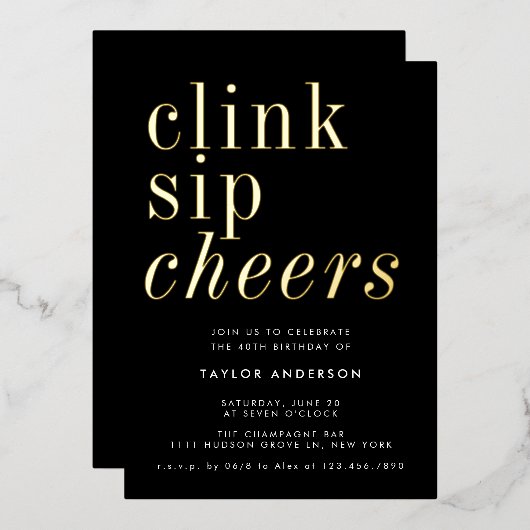 Modern minimalistisch zwart goud 40e verjaardagsfe folie uitnodiging (Voorkant / Achterkant)