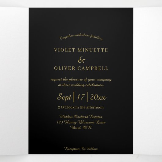 Modern minimalistisch | Zwart goud Drieluik Uitnodiging (Binnenkant midden)