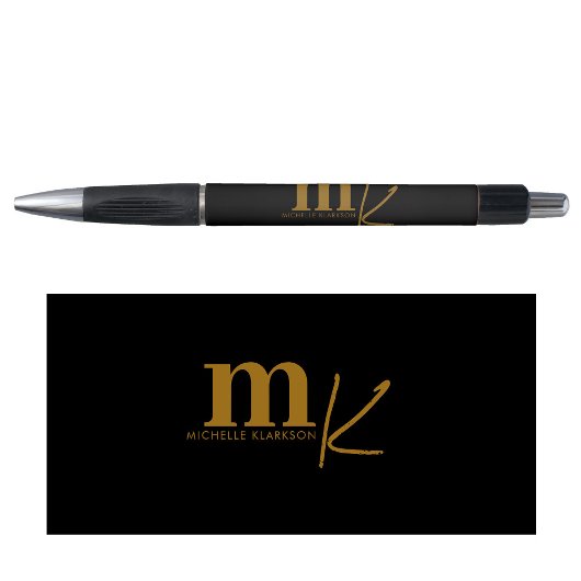 Modern Minimalistisch Zwart Gouden Monogram Pen