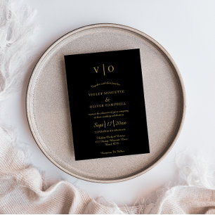 Modern minimalistisch   Zwart goudmonogram huwelij Kaart