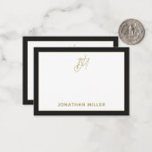 Modern minimalistisch zwart goudmonogram notitiekaartje (Voorkant / Achterkant in situ)