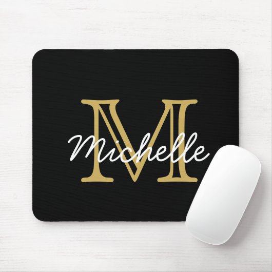 Modern minimalistisch zwart goudmonogram script muismat (Met muis)