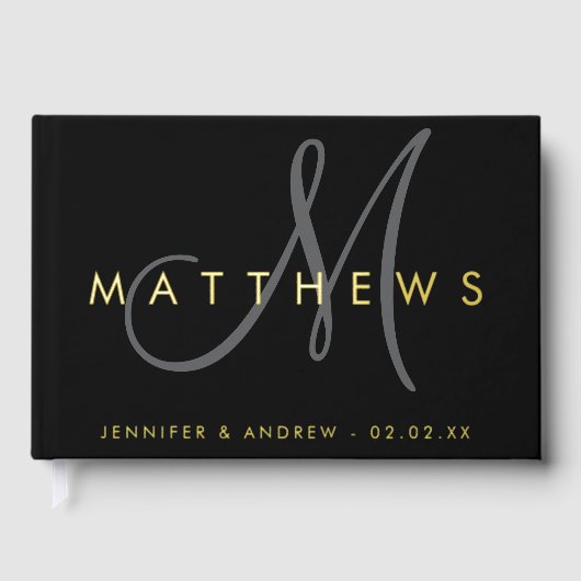Modern minimalistisch zwart grijs monogram bruilof gastenboek (Voorkant)