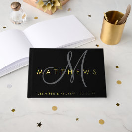 Modern minimalistisch zwart grijs monogram bruilof gastenboek