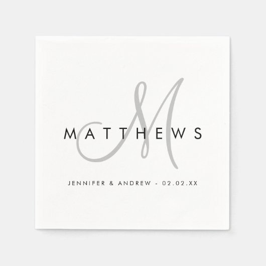 Modern minimalistisch zwart grijs monogram huwelij servet (Voorkant)
