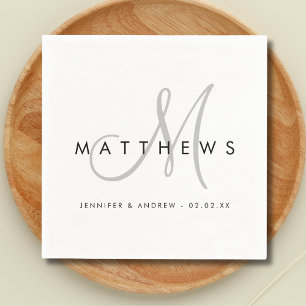 Modern minimalistisch zwart grijs monogram huwelij servet