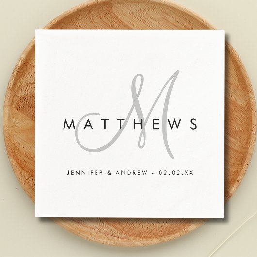 Modern minimalistisch zwart grijs monogram huwelij servet