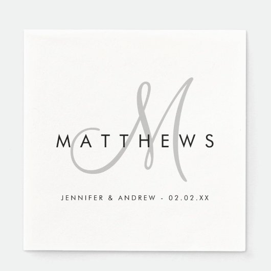 Modern minimalistisch zwart grijs monogram huwelij servet