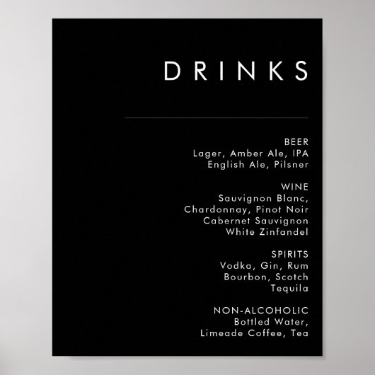 Modern Minimalistisch | Zwart Huwelijksdrankenmenu Poster (Voorkant)