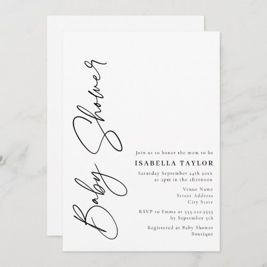 Modern Minimalistisch Zwart Manuscript Witte Baby Kaart (Voorkant / Achterkant)