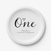 Modern minimalistisch zwart script 1e verjaardag papieren bordje (Voorkant)