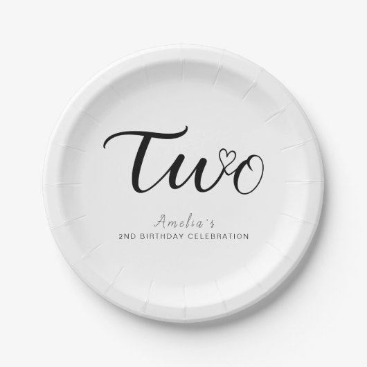 Modern minimalistisch zwart script 2e verjaardag papieren bordje (Voorkant)