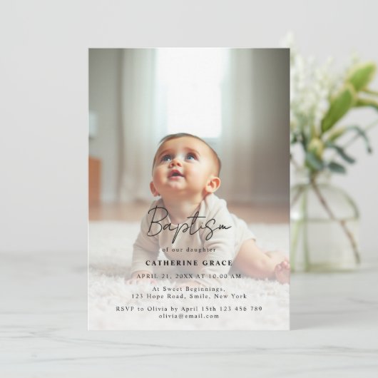 Modern minimalistisch zwart script Baby Fotodoop Kaart (Staand voorkant)