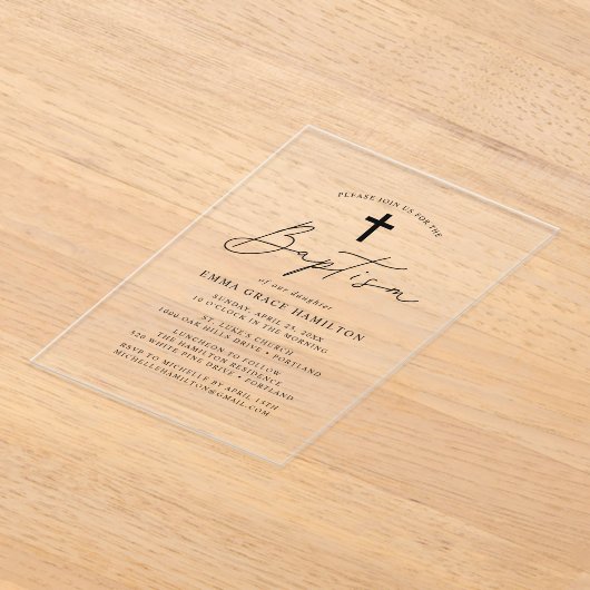 Modern minimalistisch zwart Script Baptisme Acryl Uitnodigingen (Laagn)