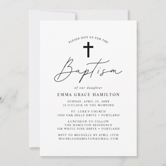 Modern minimalistisch zwart Script Baptisme Kaart (Voorkant)