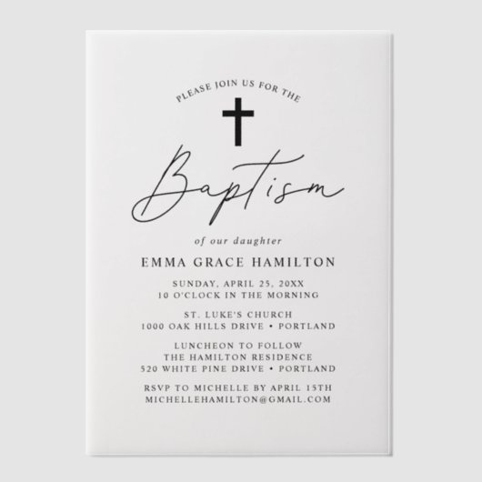 Modern minimalistisch zwart Script Baptisme Vellum Uitnodigingen (Voorkant)