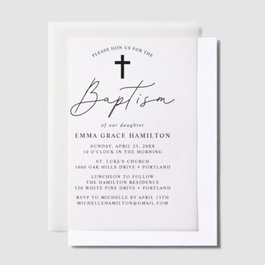 Modern minimalistisch zwart Script Baptisme Vellum Uitnodigingen (Offset)