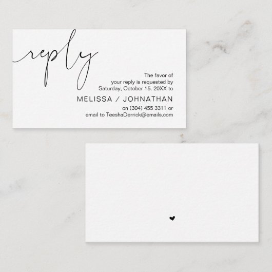 Modern minimalistisch zwart script, bruiloft RSVP Informatiekaartje (Voorkant / Achterkant)