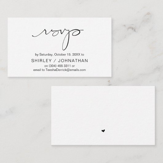 Modern minimalistisch zwart script, bruiloft RSVP Informatiekaartje (Voorkant / Achterkant)