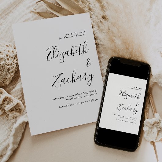 Modern Minimalistisch Zwart Script Save the Date Aankondiging