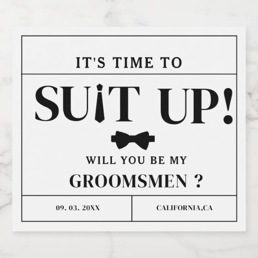 Modern minimalistisch zwart vraagt Groomsman voors Sparkling Wijnetiket (Enkel label)
