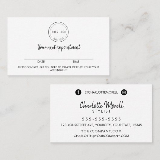 Modern minimalistisch zwart wit, eenvoudig met log afsprakenkaartje (Voorkant / Achterkant)