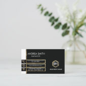 Modern minimalistisch zwart wit goud met monogram visitekaartje (Staand voorkant)