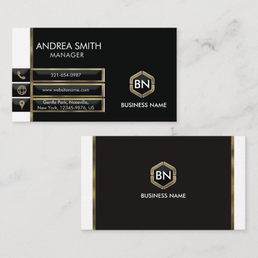 Modern minimalistisch zwart wit goud met monogram visitekaartje (Voorkant / Achterkant)