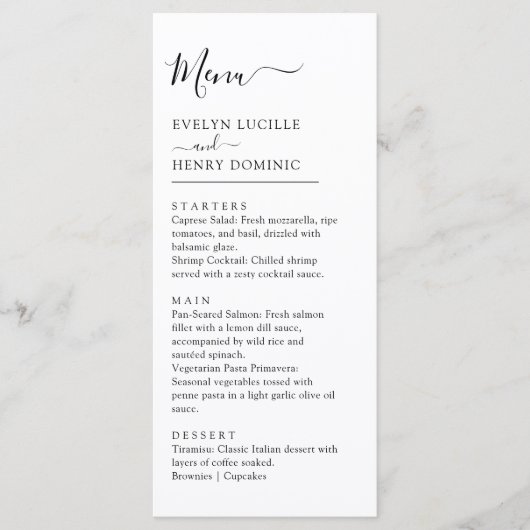 Modern minimalistisch zwart-wit huwelijksdiner menu (Voorkant)
