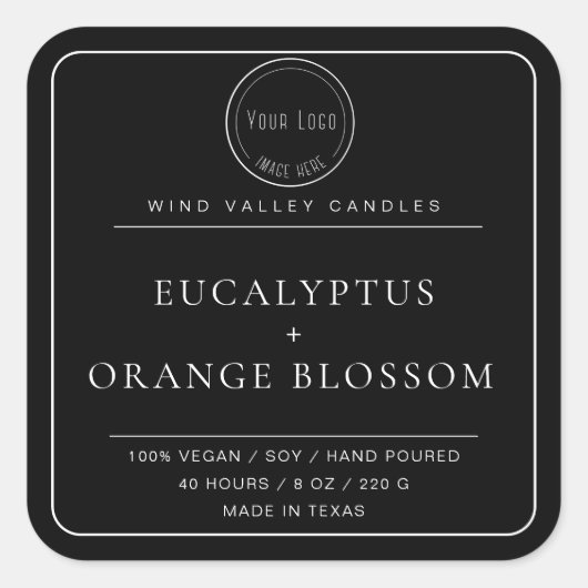 Modern minimalistisch zwart wit logo kaarsenlabel vierkante sticker (Voorkant)