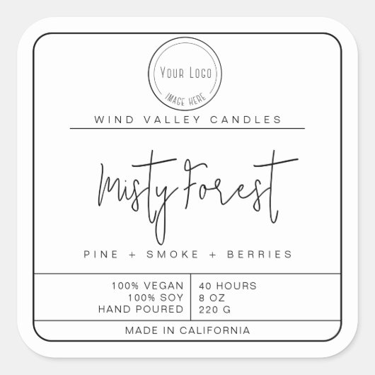 Modern minimalistisch zwart wit logo kaarsenlabel vierkante sticker (Voorkant)