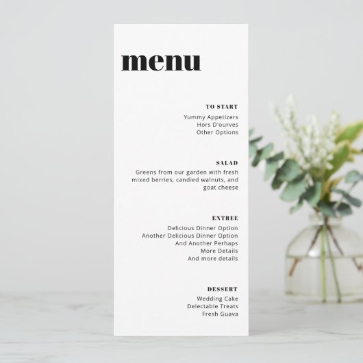 Modern minimalistisch zwart-wit menu Sjabloon (Staand voorkant)