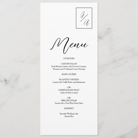 Modern minimalistisch zwart-wit monogram huwelijk menu (Voorkant)