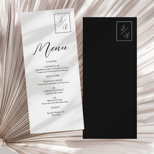 Modern Minimalistisch Zwart-wit Monogram Trouwfees Menu