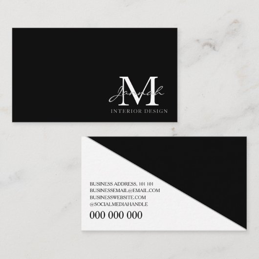 Modern minimalistisch zwart wit monogram visitekaartje (Voorkant / Achterkant)