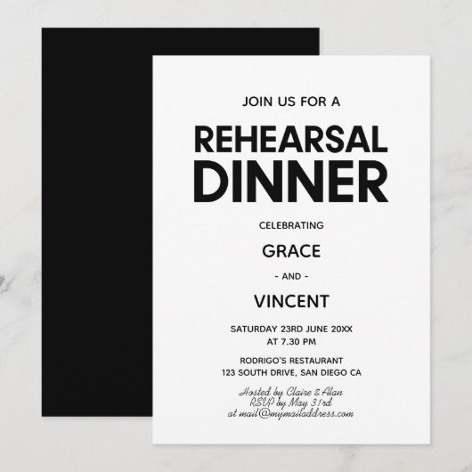 Modern minimalistisch zwart-wit repetitie diner kaart (Voorkant / Achterkant)
