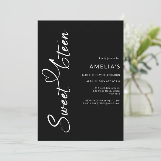 Modern minimalistisch zwart-wit Sweet 16 Kaart (Staand voorkant)