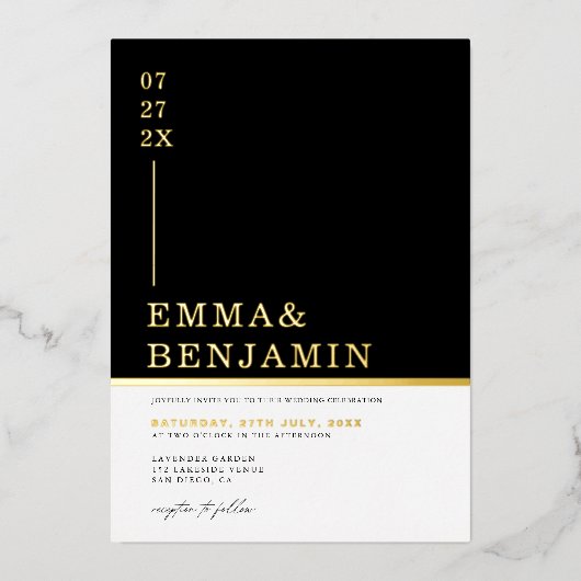 Modern & minimalistisch zwart | Wit Trouwgoud Folie Uitnodiging (Voorkant)