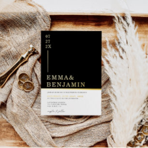 Modern & minimalistisch zwart   Wit Trouwgoud Folie Uitnodiging