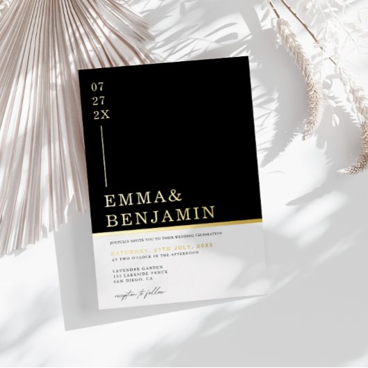 Modern & minimalistisch zwart | Wit Trouwgoud Folie Uitnodiging