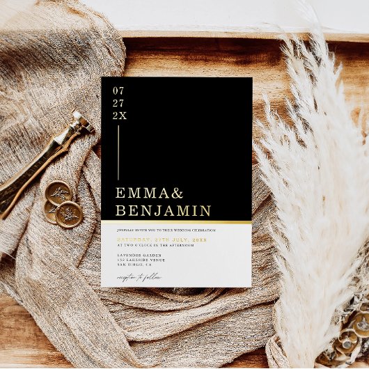 Modern & minimalistisch zwart | Wit Trouwgoud Folie Uitnodiging