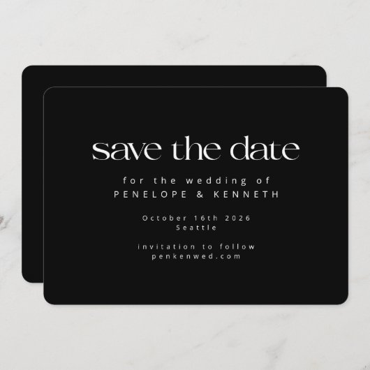 Modern minimalistisch zwart wit zwart, eenvoudig h save the date (Voorkant / Achterkant)