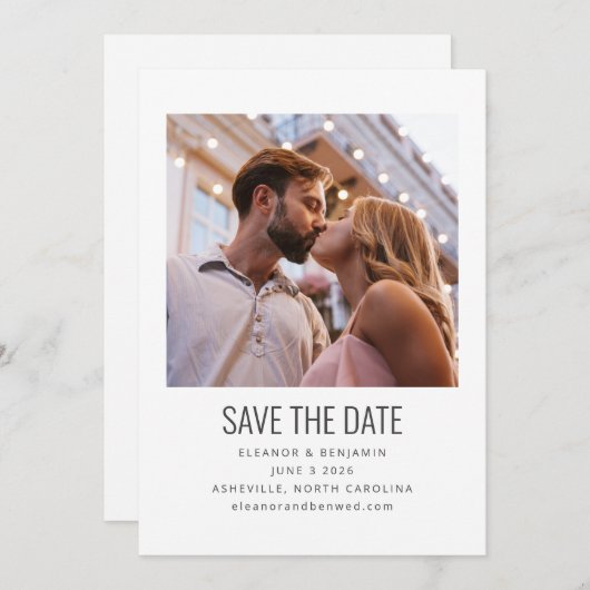 Modern minimalistisch zwart-witfotohuwelijk save the date (Voorkant / Achterkant)