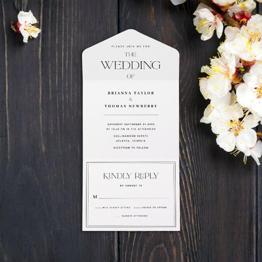 Modern minimalistisch zwart-withuwelijk all in one uitnodiging