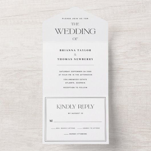 Modern minimalistisch zwart-withuwelijk all in one uitnodiging (Binnen)