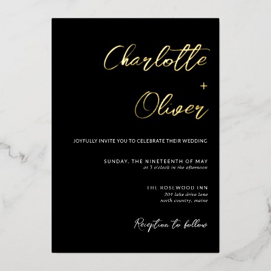 Modern minimalistisch zwart withuwelijk folie uitnodiging (Voorkant)