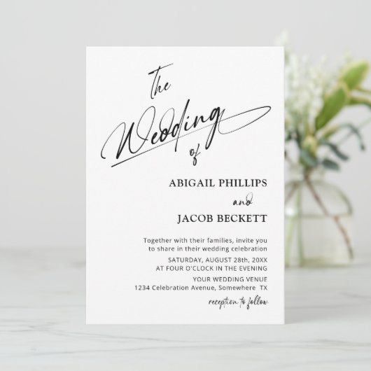 Modern minimalistisch zwart withuwelijk kaart (Staand voorkant)