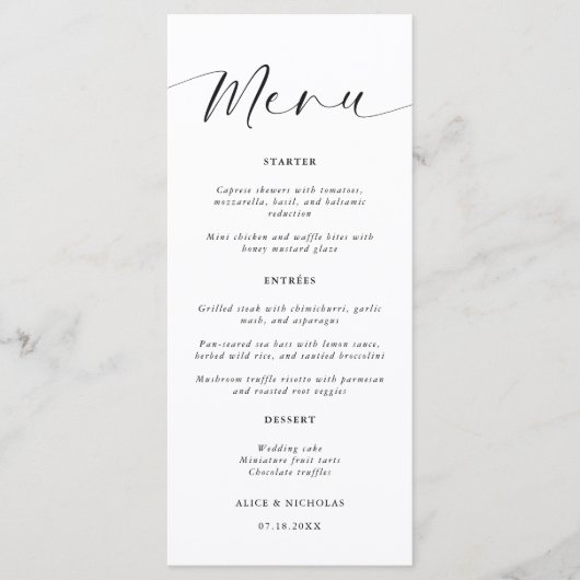 Modern minimalistisch zwart-withuwelijk menu (Voorkant)
